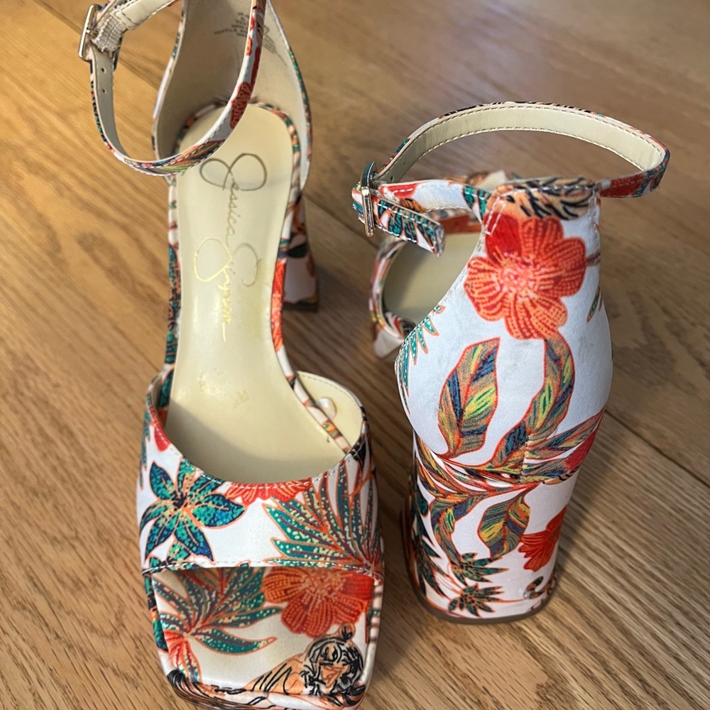 Jessica Simpson White Floral Ankle-Strap Block Heels